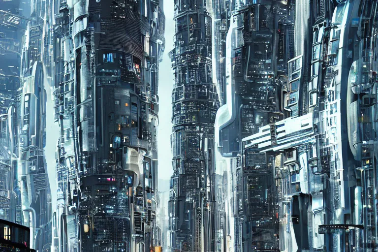 Image similar to A futuristic cyber-city as viewed from street level.