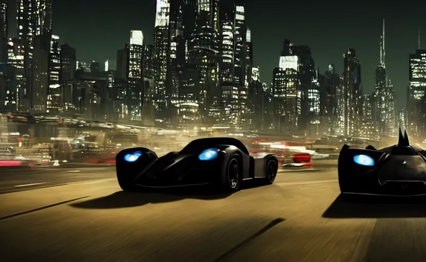 Image similar to A film still of the 2025 Batmobile driving through Gotham at night, 8k