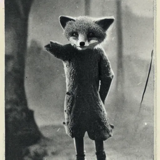 Image similar to anthropomorphic fox man alchemist, 1910s film still