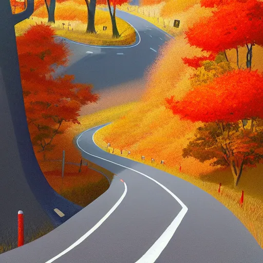 Prompt: Goro Fujita ilustration a road that goes down from the top of the mountain giving curves in autumn, painting by Goro Fujita, sharp focus, highly detailed, ArtStation