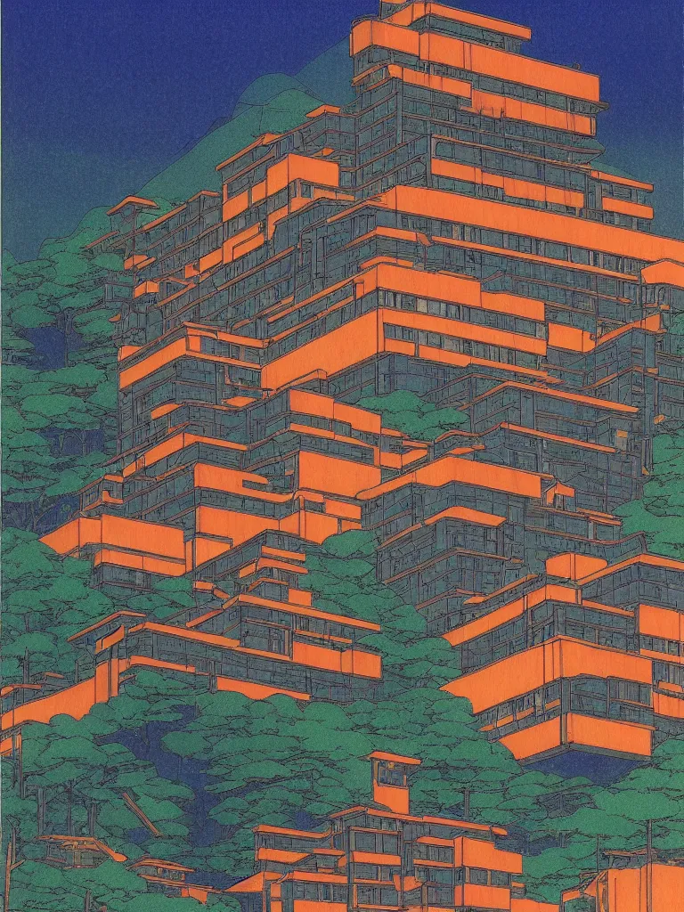 Image similar to a psychedelic hallucination of a brutalist hotel in the mountains, by kawase hasui, moebius, edward hopper, colorful flat surreal design, dramatic lighting, hd, 8 k, artstation