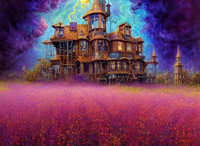 Prompt: a beautiful painting of a large steampunk house shrouded by mystic nebula magic in a field of flowers by moebius and android jones, oil on canvas sharp, details, hyper - detailed, hd, hdr, 4 k, 8 k