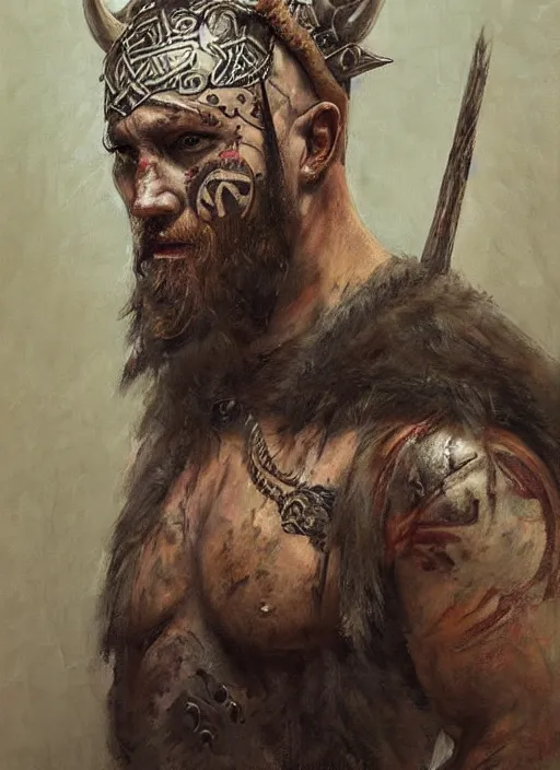 Prompt: portrait painting of viking berserker with celtic face tattoos wearing a dinosaur headdress, by jeremy mann, only one head single portrait