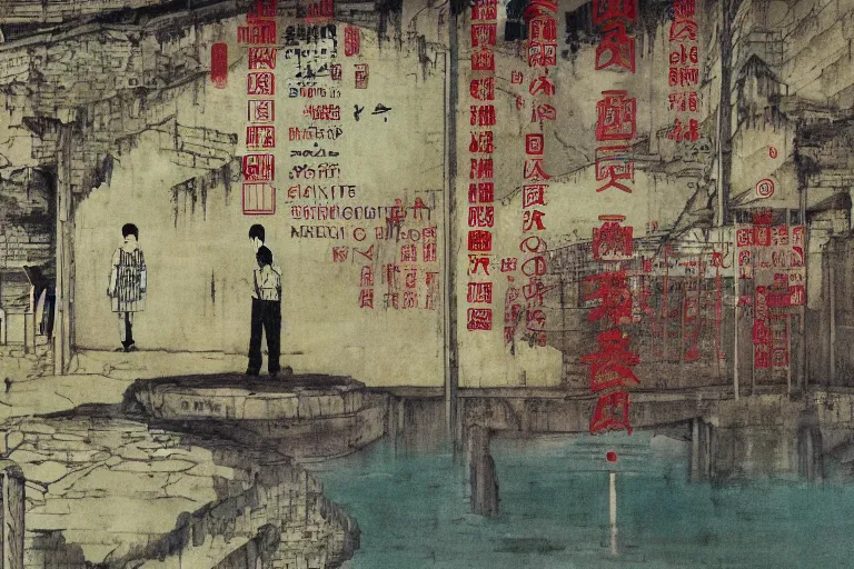 Image similar to a chinese prison near a river by peter doig, overlaid with chinese adverts