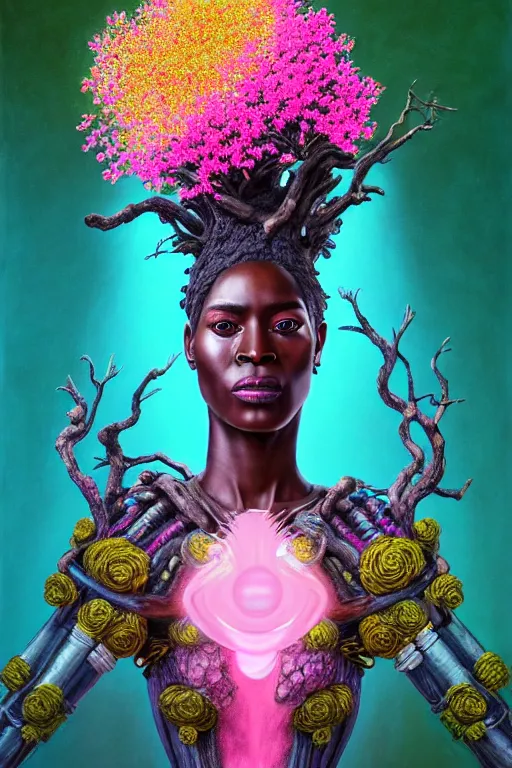 Prompt: hyperrealistic illustration neo - rococo cinematic super expressive! yoruba goddess with exoskeleton armor, merging with tree in a forest, pink yellow flowers, highly detailed digital art masterpiece, smooth etienne sandorfi eric zener dramatic pearlescent soft teal light, ground angle hd 8 k, sharp focus