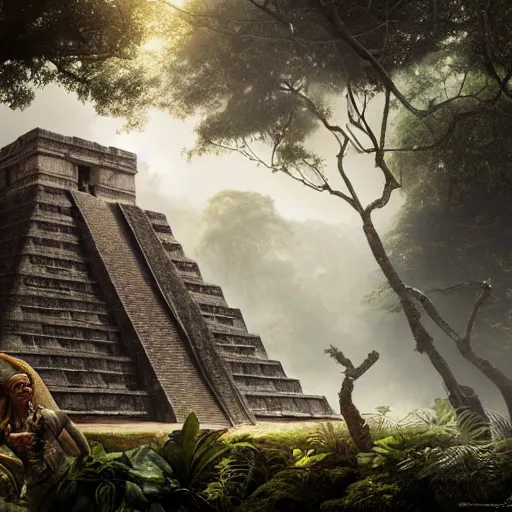 Prompt: mayan temple in the jungle, jaguar priest, by tom bagshaw, by gaston bussiere, sunlit, mist, octane render