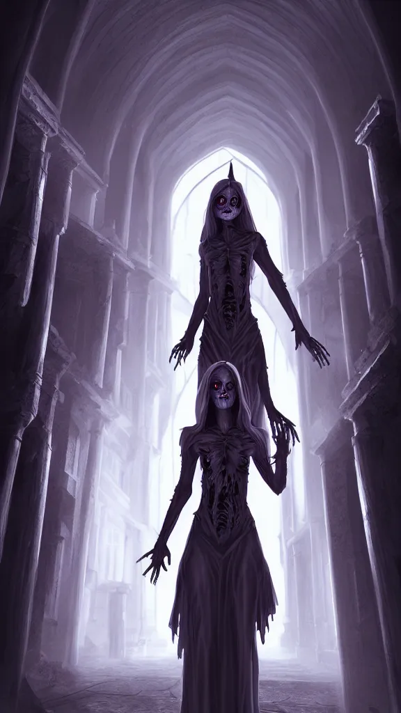 Image similar to undead wizard girl character, standing in crypts casting a spell, 3 point perspective, photorealistic, volumetric lighting, intricate detail, digital art, Artgerm