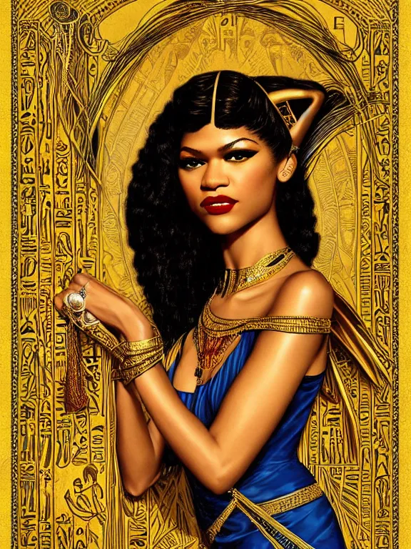 Image similar to Zendaya as Bast the Egyptian goddess, a beautiful art nouveau portrait by Gil elvgren, moonlit Nile river environment, centered composition, defined features, golden ratio, intricate gold jewlery