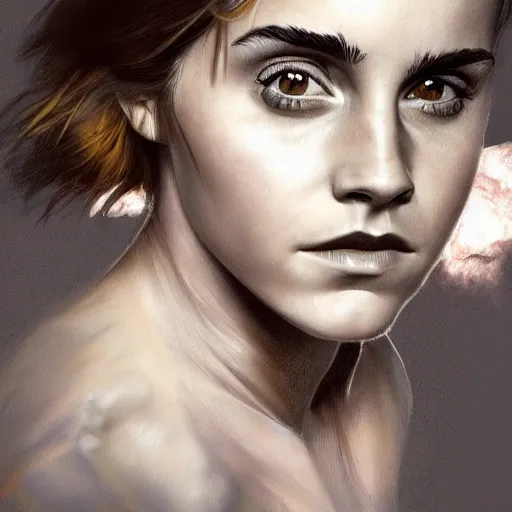 Image similar to Very funny Emma Watson looking like an old monkey, colorful painting on grey scale face, powerful , magic, thunders, dramatic lighting, intricate, wild, highly detailed, digital painting, artstation, concept art, smooth, sharp focus, illustration, art by artgerm and greg rutkowski and alphonse mucha, footage