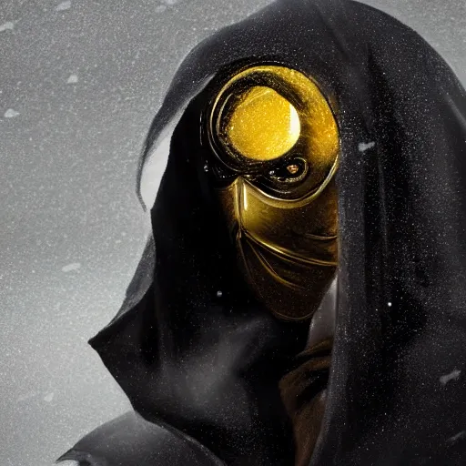 Prompt: award - winning. trending on artstation. cinematic. surreal. 4 k. a person wearing hooded frayed yellow robes and a minimalist steel mask staring while a black hole floats behind them. dark background.