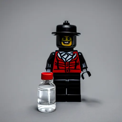 Image similar to macro photo of angry man lego figure in black spotwear, eight-piece cap on head, holding a vodka bottle, ambient lighting