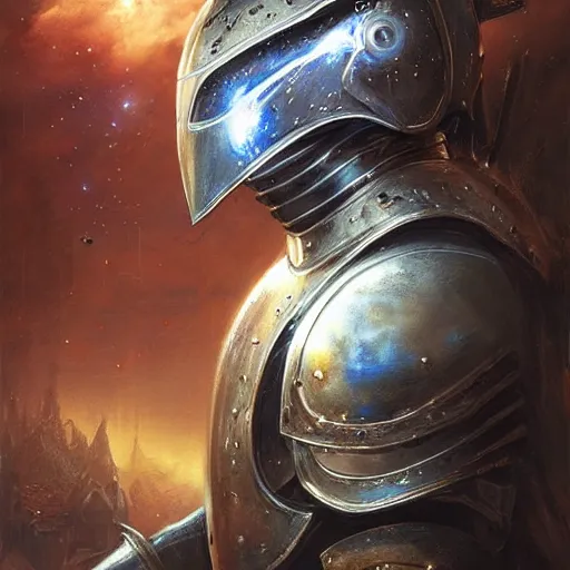 Image similar to knight in armor wearing a helmet character portrait, 8 k, 1 6 k, detailed, hyperdetailed painting, artstation hd, by bastien lecouffe - deharme and peter mohrbacher, cosmic, mtg card, galaxy, spaces, stars, starfield, matte background, volumetric lighting, perlescent, gilt, maximalist