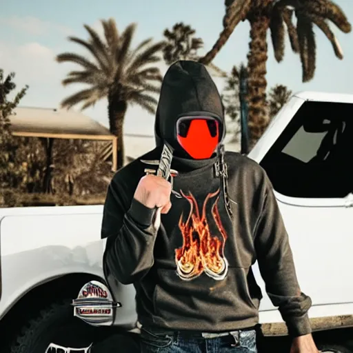 Image similar to knife, ski mask, burning palm trees, white ford bronco