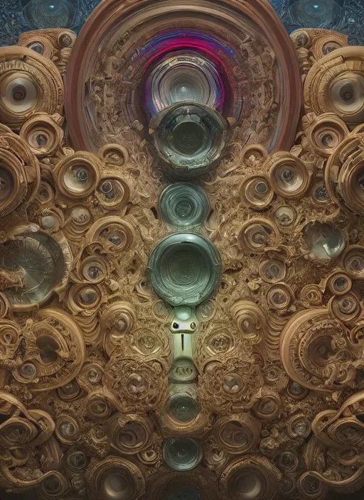 Prompt: highly detailed surreal vfx portrait of a 3 d landscape of stacks of recursive speakers, polyphonic ecstacy, ornate, hyperrealistic, octane render, chiaroscuro, inspired by james jean, mandelbulb 3 d, android jones, beeple, rhads, alphonse mucha, frostbite 3 engine