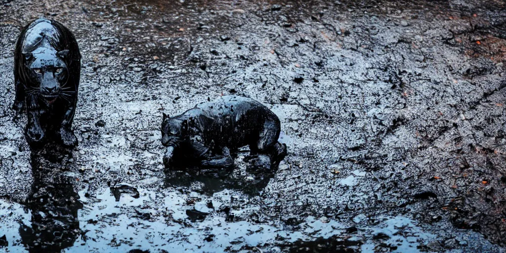 Image similar to the smooth black jaguar, made of smooth black goo, bathing in the tar moat in the zoo exhibit, viscous, sticky, full of tar, covered with black goo, splattered tar, dripping tar, dripping goo, splattered goo, sticky tar. photography, dslr, reflections, black goo, zoo, exhibit