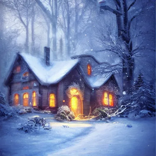 Prompt: snowy landscape with santa's house in night forest, warm light coming from the window and reflects on the snow. digital art, artstation, high details, trending, behance, by wlop, luis royo, artgerm