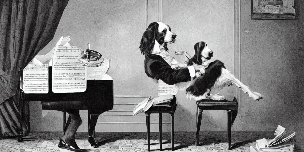 Image similar to sprocker Spaniel playing piano with a Martini on the side, book illustration, b&w