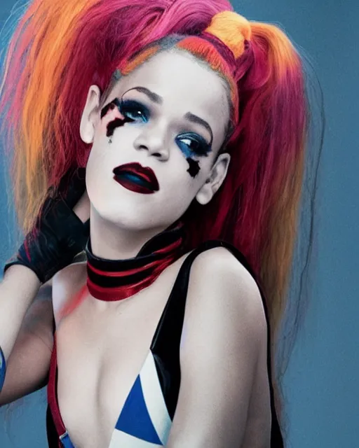 Prompt: (((((((( film still rihanna as Harley Quinn : sassy : 8K UHD : colour splash : studio lighting !!!!!!