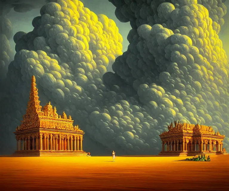 Image similar to hyper detailed 3d render like a Oil painting - ornate temple of the sun, dramatic sky in background, radiant, by Jacek Yerka, Mariusz Lewandowski, Houdini algorithmic generative render, Abstract brush strokes, Masterpiece, Edward Hopper and James Gilleard, Zdzislaw Beksinski, Mark Ryden, Wolfgang Lettl, hints of Yayoi Kasuma, octane render, 8k