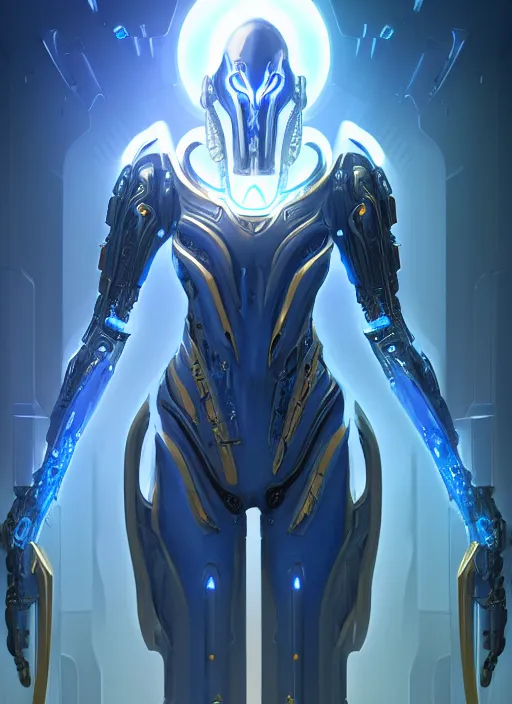 Image similar to benevolent cyborg necromancer, scifi, futurism, alien room background, white, blue, gold, protoss, warframe, highly detailed, trending on artstation, soft light, sharp edges, illustration, character design, art by vitaly bulgarov and nivanh chanthara