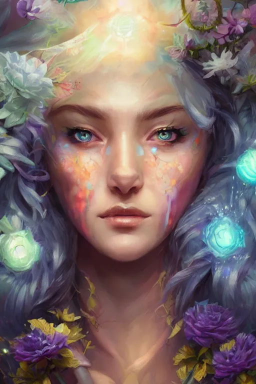 Image similar to face closeup beautiful girl wizard covered with rainbow and ice, holding flowers and casting magic spell, angel, storm and thunder clouds, fantasy, magic the gathering, hyper detailed, 3 d render, hyper realistic detailed portrait, peter mohrbacher