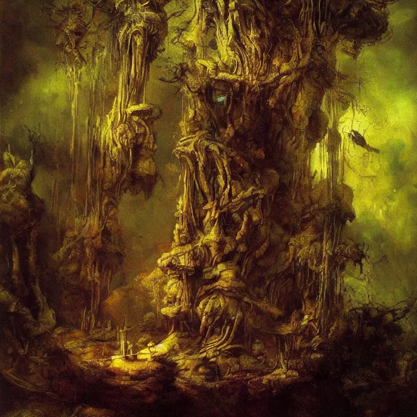 Prompt: An oil painting of a futuristic spaceship in a fantasy forest by Rembrandt; beautiful!!!!!!!!!!