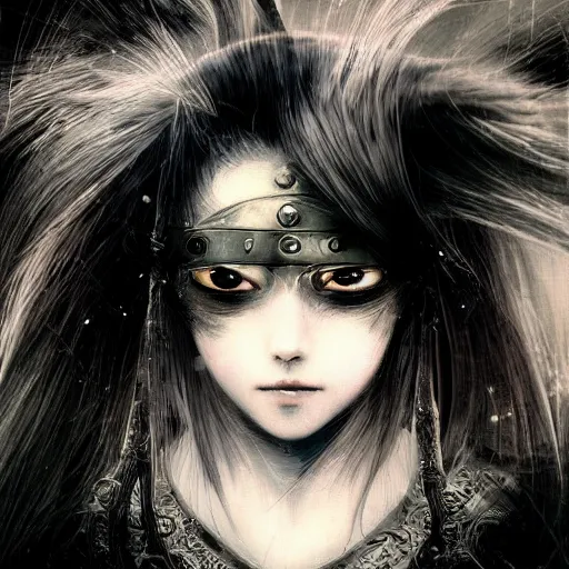 Image similar to Yoshitaka Amano blurred and dreamy illustration of an anime girl with a pirate eye patch, wavy white hair and cracks on her face wearing elden ring armour with the cape fluttering in the wind, abstract black and white patterns on the background, noisy film grain effect, highly detailed, Renaissance oil painting, weird portrait angle