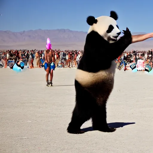 Image similar to a panda dancing on a busy playa at burning man