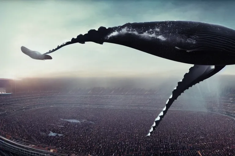 Image similar to a realistic cinematic still of humpback whale flying over the NFL Super Bowl Stadium cinematic lighting by Jessica Rossier