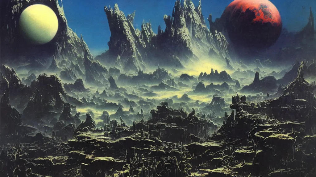 Image similar to surreal eerie alien planet empire by frank frazetta and bruce pennington, cinematic matte painting