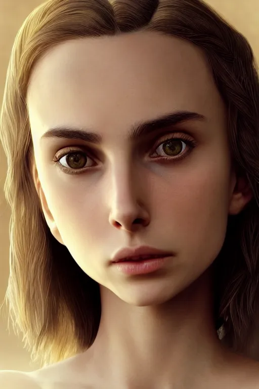 Prompt: a girl Nathalie Portman portrait, loving amber eyes, a shy face, unreal 5, hyperrealistic, octane render, Regal, Refined, Detailed Digital Art, RPG portrait, William-Adolphe Bouguereau, Michael Cheval, dynamic lighting, Highly Detailed, Cinematic Lighting, Unreal Engine, 8k, HD