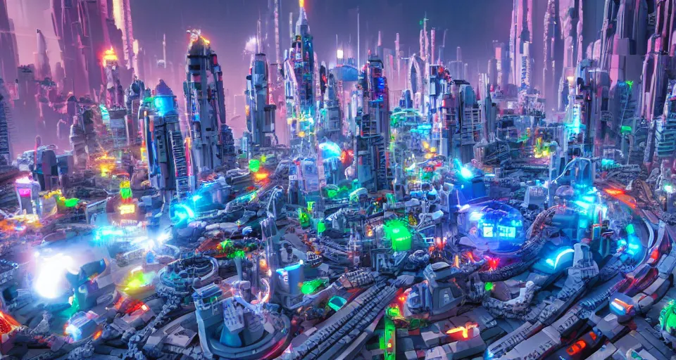 Image similar to sci - fi futuristic city made of lego bricks, photorealistic, 8 k, octane render, still from lego movie