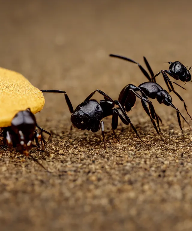 Prompt: high quality presentation photo of cute anthropomorphic black ants eating alien bugs, photography 4k f1.8 anamorphic bokeh 4k Canon Nikon