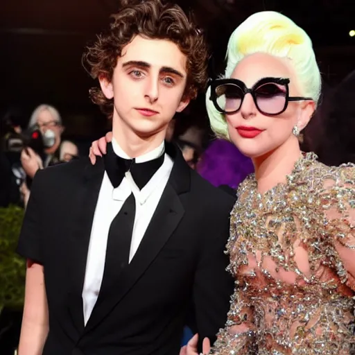 Image similar to timothee chalamet and lady gaga meet eachother, highly beautiful faces, highly detailed