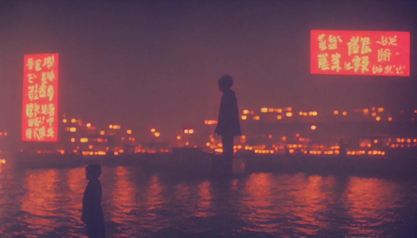 Prompt: 80s asian neon movie still with a portrait of a ghost standing on a pier by the river on early morning with bright city lights behind his back, ships passing by in the distance, medium format color photography, movie directed by Kar-Wai Wong, hyperrealistic, photorealistic, high definition, highly detailed, tehnicolor, anamorphic 50mm lens