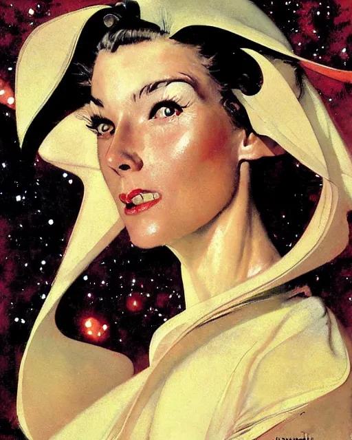 Image similar to head portrait of elegant striking mature space woman in futuristic robe, dynamic, by norman rockwell, roberto ferri, daniel gerhartz, edd cartier, jack kirby, howard v brown, ruan jia, tom lovell, frank r paul, dean cornwell, astounding stories, amazing, fantasy, other worlds