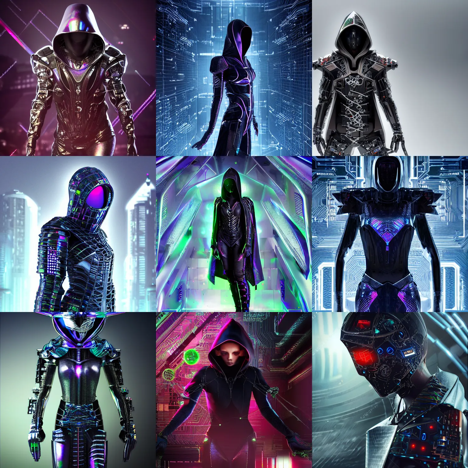 Prompt: Sharp realistic full body render of a dark hooded powerful elegant elite assassin wearing iridescent armor coated in complex circuitry and motherboards and microchips (extremely detailed, iridescent, high quality, epic, futuristic, octane render, beautiful, shimmering, deity, megastructure background)