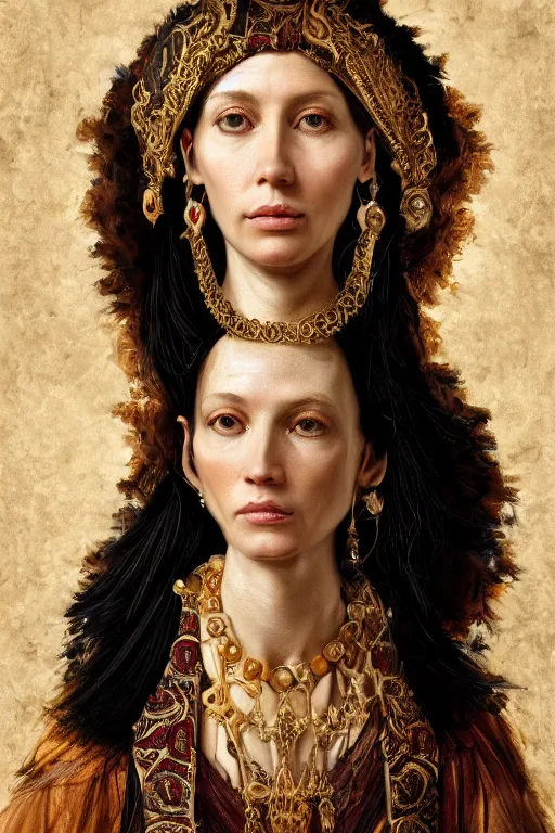 Image similar to portrait, headshot, digital painting, of Mother Ayahuascaa as a 17th century, beautiful female Royal, dark hair, amber jewels, baroque, ornate clothing, scifi, futuristic, realistic, hyperdetailed, chiaroscuro, concept art, art by caravaggio