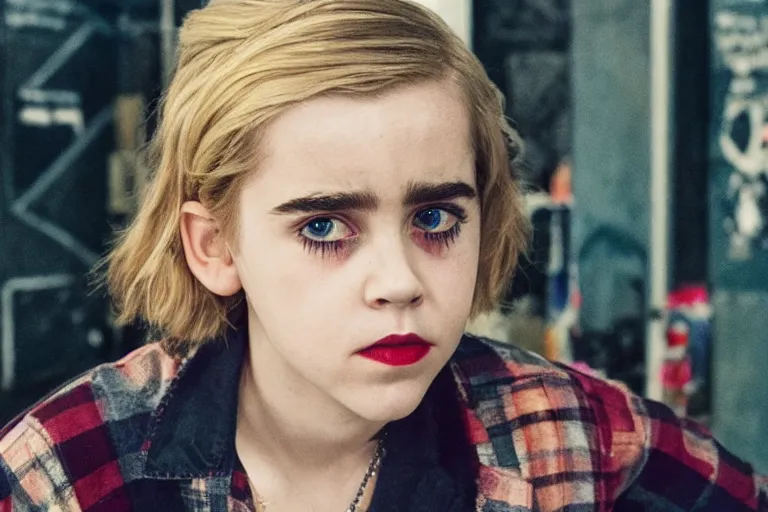 Image similar to promotional image of kiernan shipka as a punk in a new movie, detailed face, movie still frame, promotional image, imax 70 mm footage