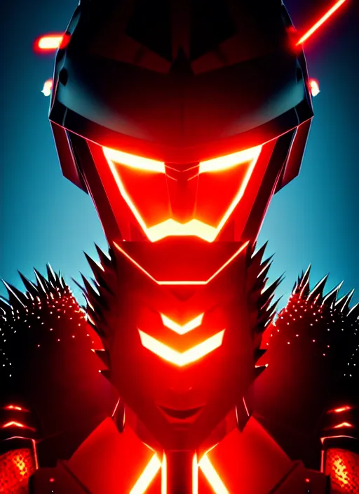 Image similar to a striking cinematic full body manga portrait of a black haired teenager wearing imposing red jagged spiked armour and glowing with red energy by hirohiko araki and beeple, fine details, digital art, character concept art, volumetric lighting, cinematic light, photorealistic