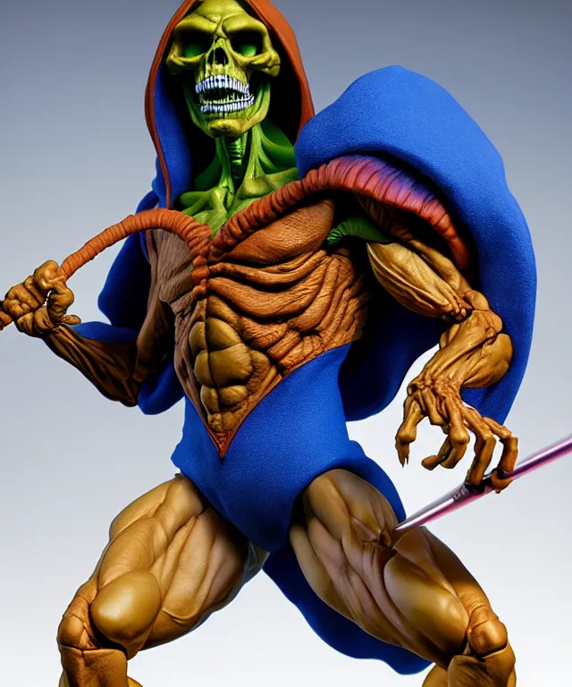 Image similar to hyperrealistic rendering, skeletor, by art of skinner and richard corben and jeff easley, product photography, action figure, sofubi, studio lighting, colored gels