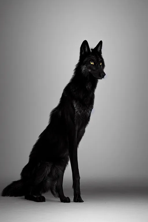 Prompt: a black wolf sitting alone with white eyes, studio lighting