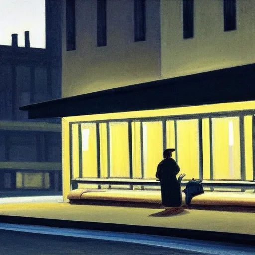 Image similar to a some people waiting in a lone bus stop in quiet dark city night painted by Alex Katz and Edward Hopper, high quality, high resolution,detailed