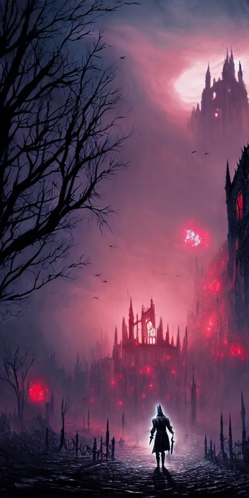 Image similar to abandoned bloodborne old valley with a person at the centre and a ruined gothic city at the end with a big castle, trees and stars in the background, falling red petals, epic red - orange moonlight, perfect lightning, wallpaper illustration by niko delort and kentaro miura, 4 k, ultra realistic