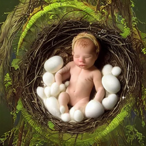 Image similar to baby mermaid next to a ooen egg in a nest, realistic, high detailed, fantasy art, anne geddes