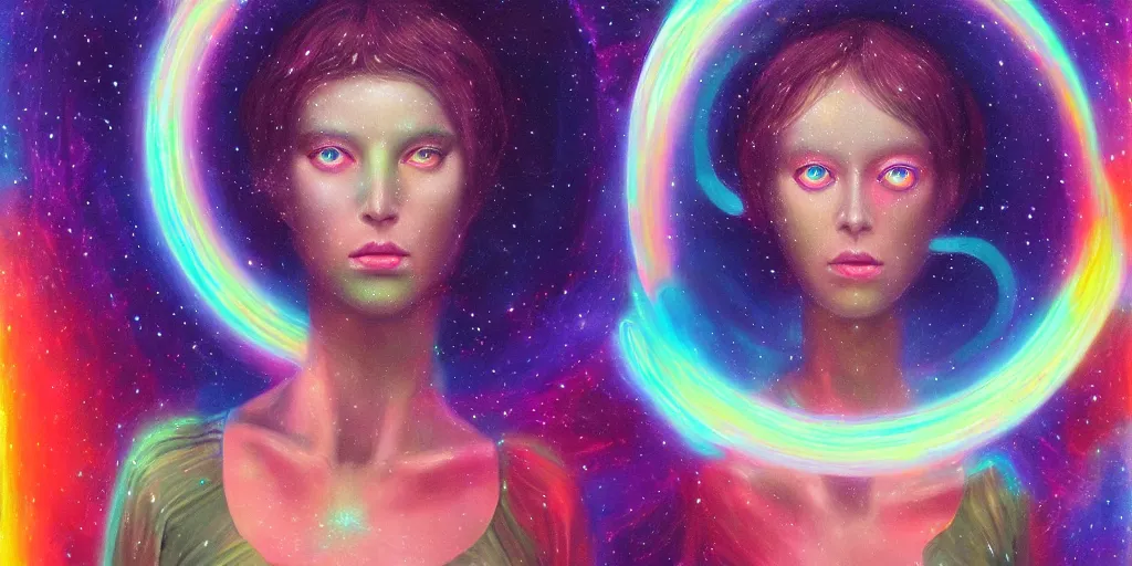 Image similar to patron saint of 🛸🌈👩🏾, futuristic iridescent clothing, wormhole, nebula, black hole, multiverse, neon god of city character portrait, in the style of margaret keane, moebius, tom bagshaw, and waterhouse, cinematic lighting, beautiful, elegant, oil painting,