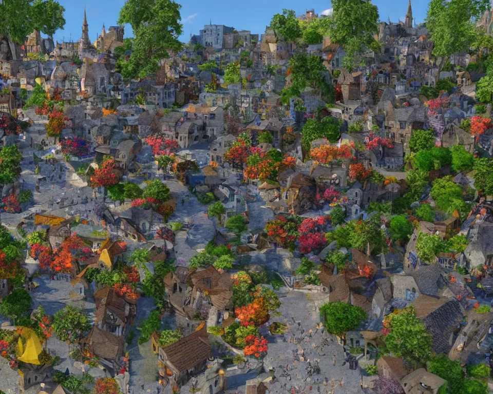 Prompt: colorful medieval city of the fae, built into trees and stone, cobblestone streets, fanciful, magical, unreal engine