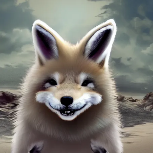 Prompt: a photorealistic adorable chubby charming but vicious fennic fox wolf rabbit hybrid, with long floppy rabbit ears, wearing bows on the top of its head, grinning at the camera with a mischievous look, sharp teeth, happy lighting, at a tropical beach