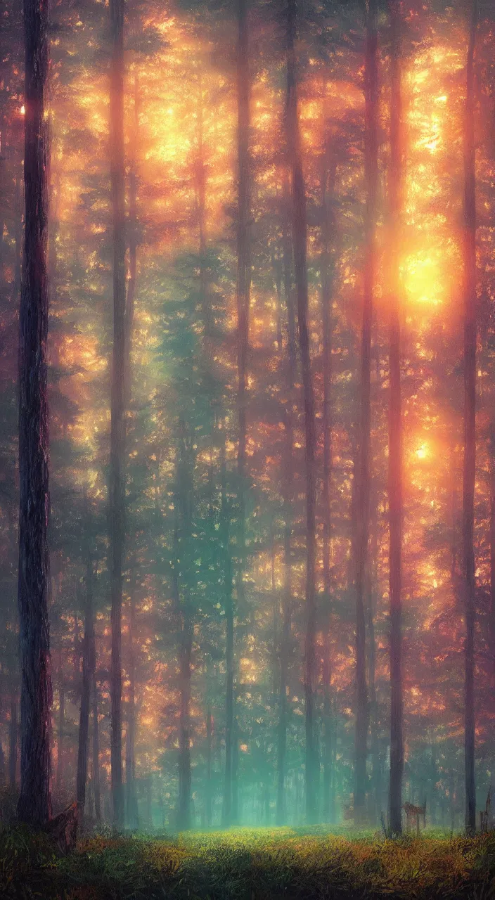 Image similar to a dreamy sunset in the forest pixelart retrowave style ultra realistic, highly detailed, sharp focus, cinematic lighting, mood lighting, realistic, vivid colors, painting, photorealistic, digital art, non blurry, sharp, smooth, illustration