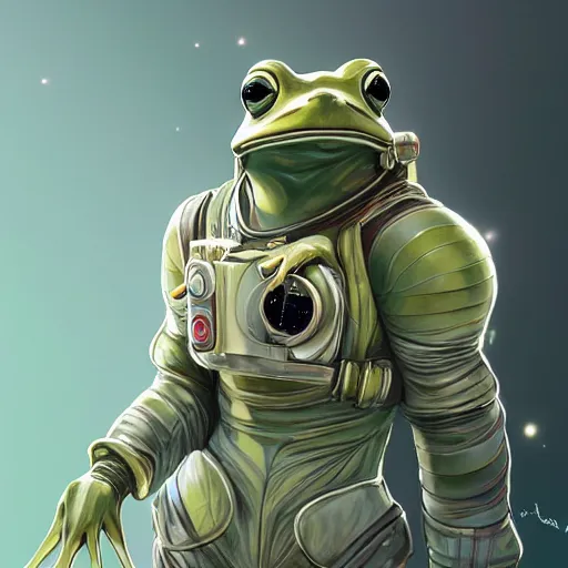 Prompt: a frog in a astronaut suit, 3d, sci-fi fantasy, intricate, elegant, highly detailed, lifelike, photorealistic, digital painting, artstation, illustration, concept art, sharp focus, art in the style of Shigenori Soejima